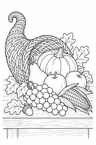 Curved woven cornucopia with a pumpkin, two apples, pear, grapes and corn, surrounded by oak leaves and an acorn on a table.
