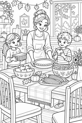Adult holding a pie at a table with two children, one carrying folded napkins and one holding an apple, in an autumn kitchen.