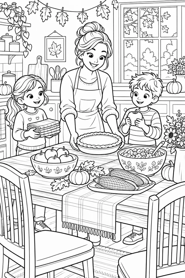 Adult holding a pie at a table with two children, one carrying folded napkins and one holding an apple, in an autumn kitchen.