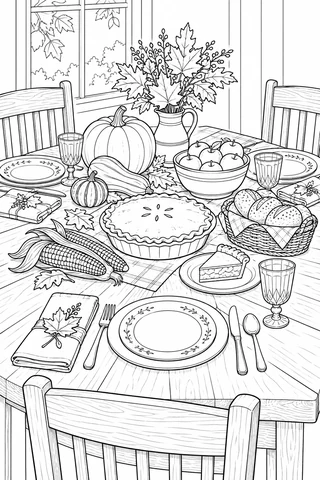 A harvest table with pie and a separate pie slice, bread basket, corn, apples, pumpkins, three place settings and autumn leaves.