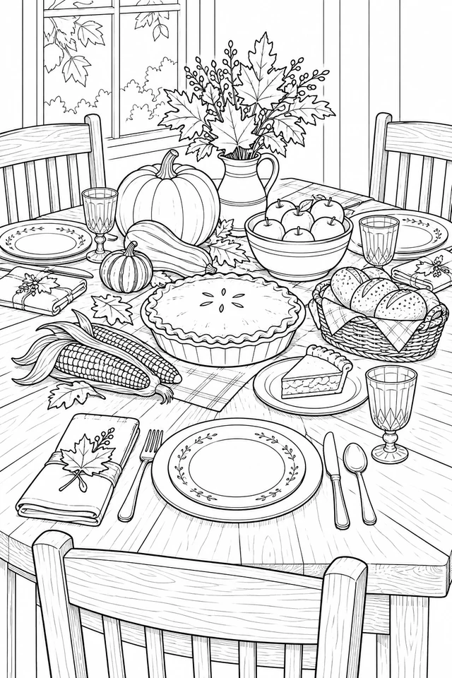 A harvest table with pie and a separate pie slice, bread basket, corn, apples, pumpkins, three place settings and autumn leaves.