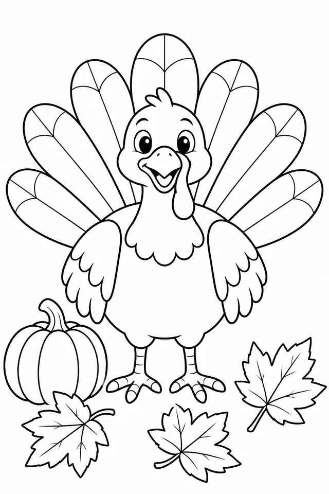 A smiling turkey with seven large tail feathers, two feet, a small pumpkin and three autumn leaves.