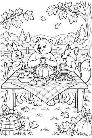 Rabbit, bear and fox seated at a Thanksgiving table with pumpkin, pie, bread rolls, apples and mugs under autumn trees.