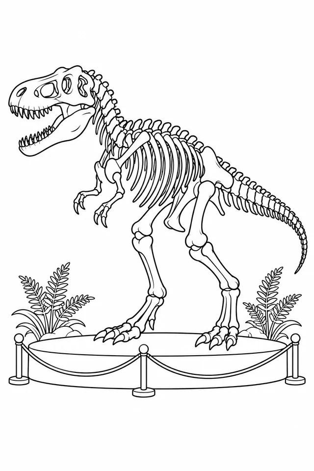 An imaginative T. rex skeleton stands on a display base behind a low rope barrier, with ferns beside the feet.