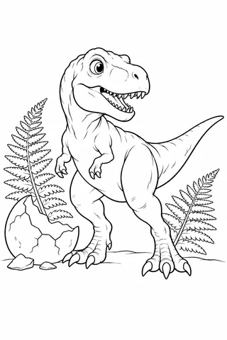 A young T. rex with two short arms and a long tail stands beside a cracked egg and fern fronds.