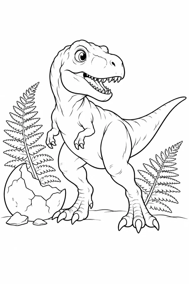 A young T. rex with two short arms and a long tail stands beside a cracked egg and fern fronds.