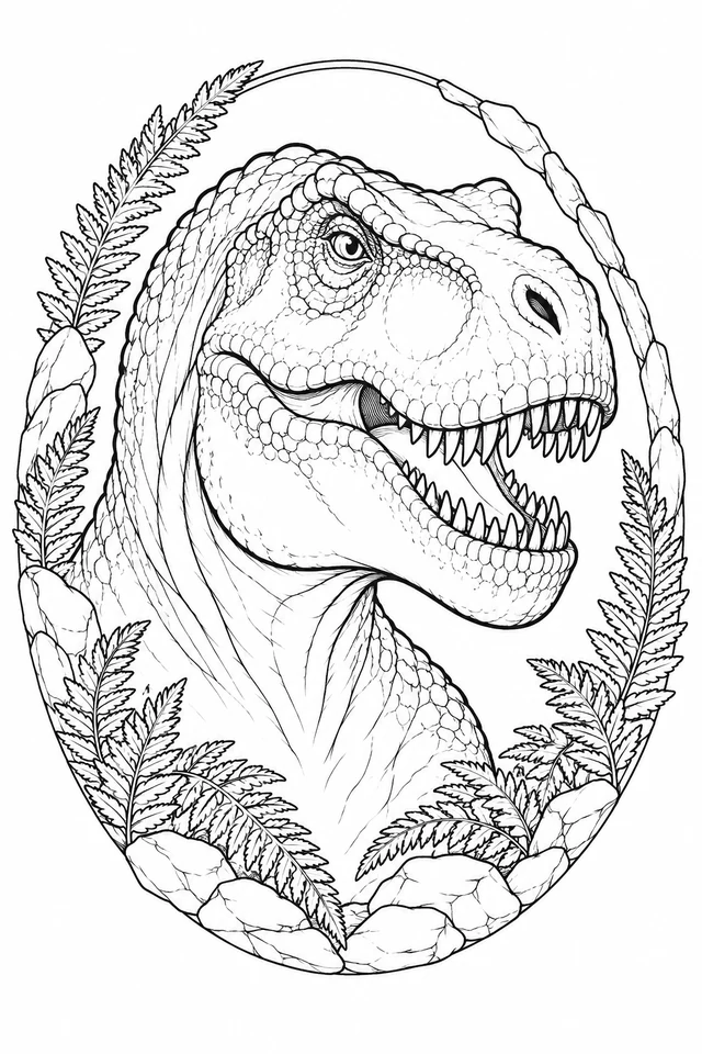 A three-quarter T. rex head with visible jaws, teeth and scale contours fills an oval frame of ferns and rocks.