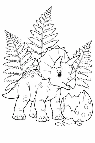 A young Triceratops with three horns, a broad frill and four feet stands beside a broken egg and fern leaves.