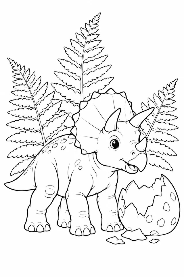 A young Triceratops with three horns, a broad frill and four feet stands beside a broken egg and fern leaves.