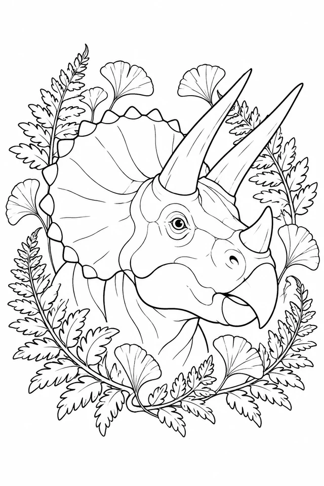 A three-quarter Triceratops head shows two brow horns and a shorter nose horn, surrounded by fern and ginkgo leaves.