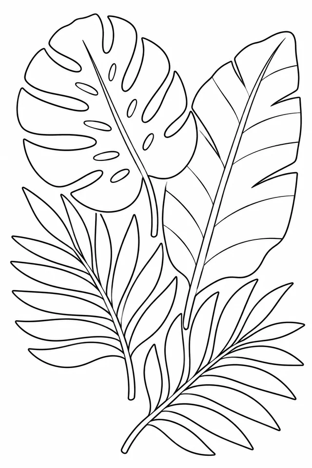 Four large tropical-style leaves overlap vertically: a split leaf, a long broad leaf and two palm-like fronds.