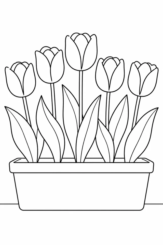 Five tall tulips with broad overlapping leaves grow from a plain rectangular planter.