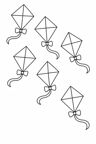 Black outline coloring page of six diamond kites with four-part panels, bows and curving tails.