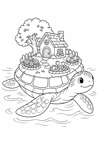 A turtle swimming with a cottage, tree and three flower beds on a garden island on its shell.