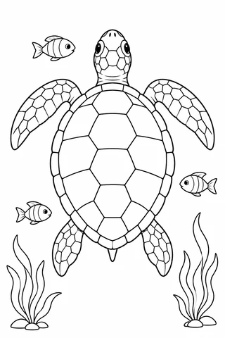 An overhead sea turtle with four flippers and a segmented shell swims between three striped fish and two seaweed clumps.