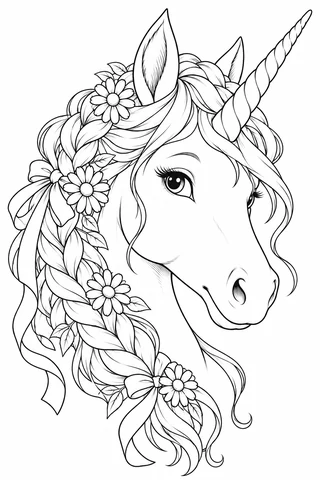 Close unicorn head and neck portrait with a spiral horn, flower-filled braided mane, leaves and tied ribbons.