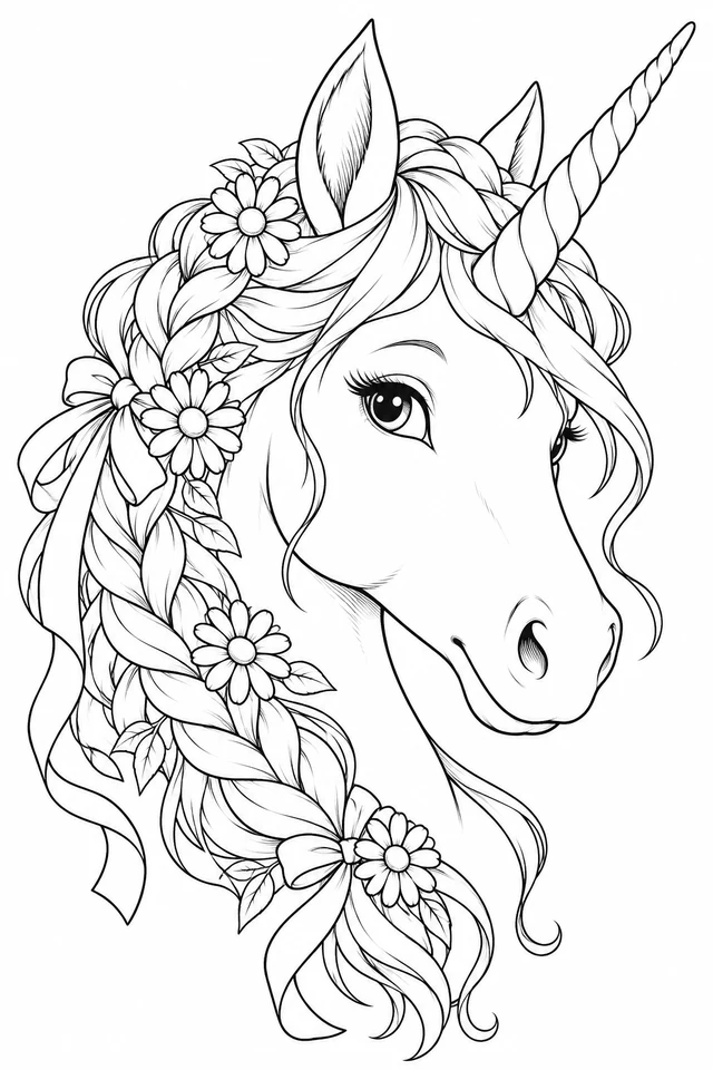 Close unicorn head and neck portrait with a spiral horn, flower-filled braided mane, leaves and tied ribbons.