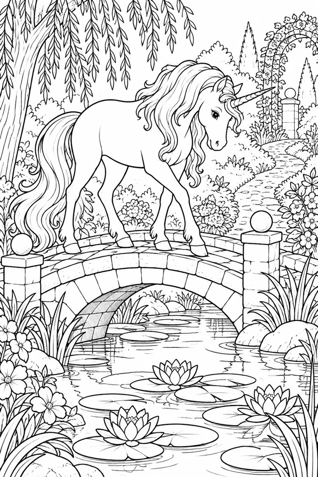 Unicorn walking across an arched stone bridge above water lilies, with a willow tree, flower borders and a winding garden path.