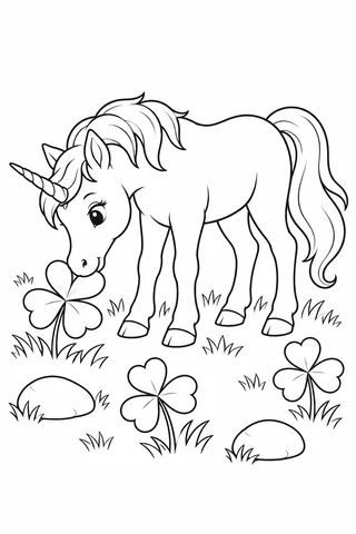 Unicorn lowering its muzzle to a large clover leaf, with four legs, a flowing tail, more clover and two stones.