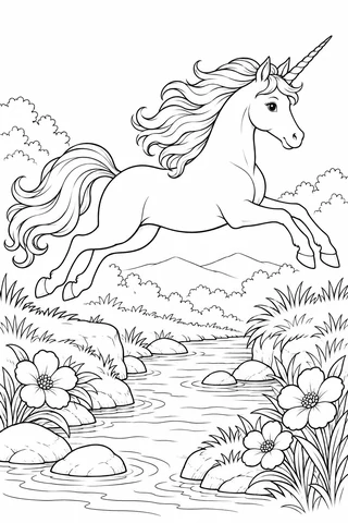 Unicorn leaping across a creek in side view, with four extended legs, flowing mane and tail, flowers and smooth rocks.