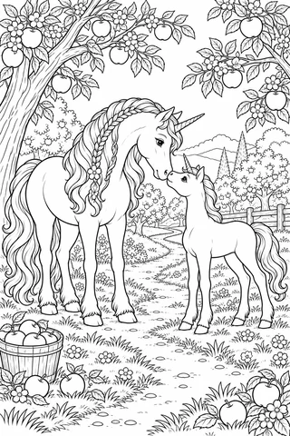 Adult unicorn and small foal facing each other in an apple orchard, with braided and flowing manes, fruit, flowers and a path.