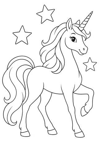 Unicorn in side view lifting one front hoof, with a flowing mane, long tail, spiral horn and three outlined stars.