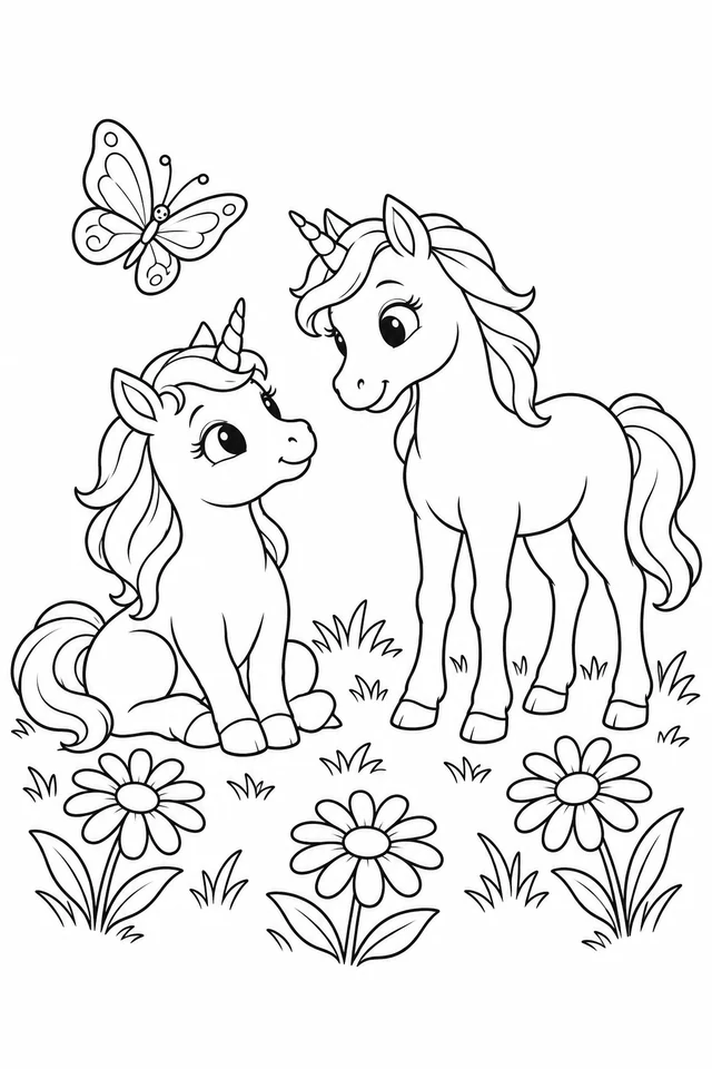 Two unicorn foals, one sitting and one standing, looking toward each other among daisies, grass and a butterfly.