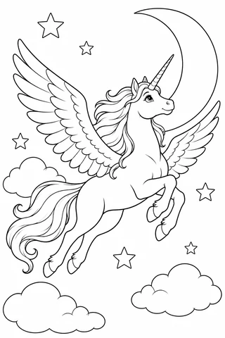 Winged unicorn with a spiral horn and four tucked legs flying beside a crescent moon, clouds and outlined stars.
