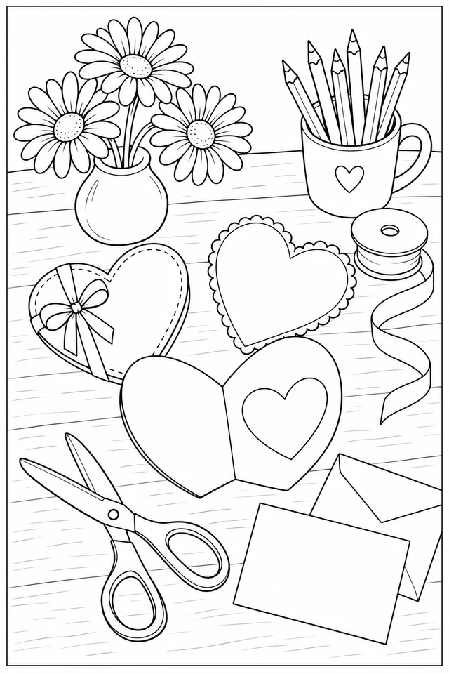 A craft table with three heart cards, envelopes, scissors, ribbon, pencils in a mug and a vase of three daisies.
