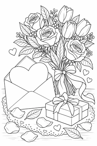 A bouquet of roses and tulips tied with ribbon beside an open envelope holding a heart card, a gift box and scattered petals.