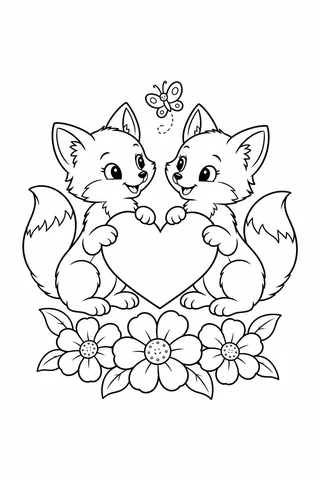 Two seated fox cubs holding a large heart, with three flowers below and a butterfly above.