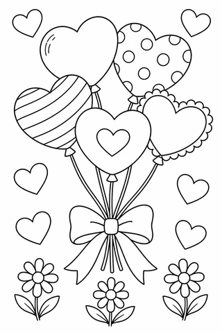 Five differently patterned heart balloons tied with a bow, surrounded by six small hearts and three daisies.