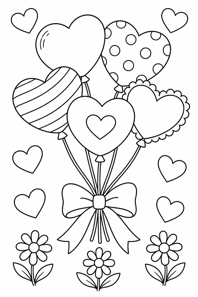 Five differently patterned heart balloons tied with a bow, surrounded by six small hearts and three daisies.