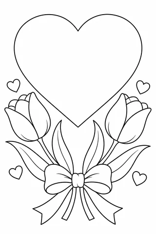 Large blank heart above two tulips tied with a bow and four smaller outline hearts.