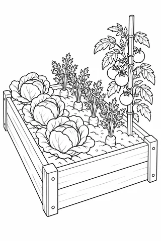 A raised wooden garden bed contains cabbages and carrots beside a tall tomato plant tied to a stake.