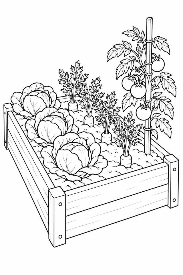 A raised wooden garden bed contains cabbages and carrots beside a tall tomato plant tied to a stake.