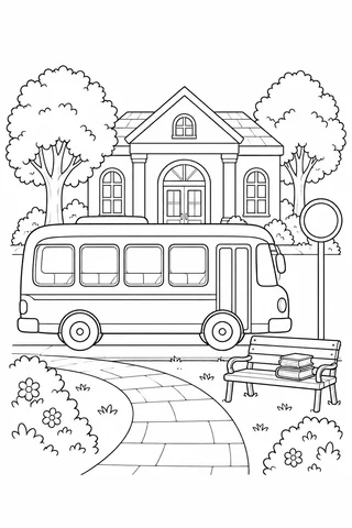 A passenger bus with four large side windows is parked outside a library-like building beside a blank round stop sign and a bench holding three books.