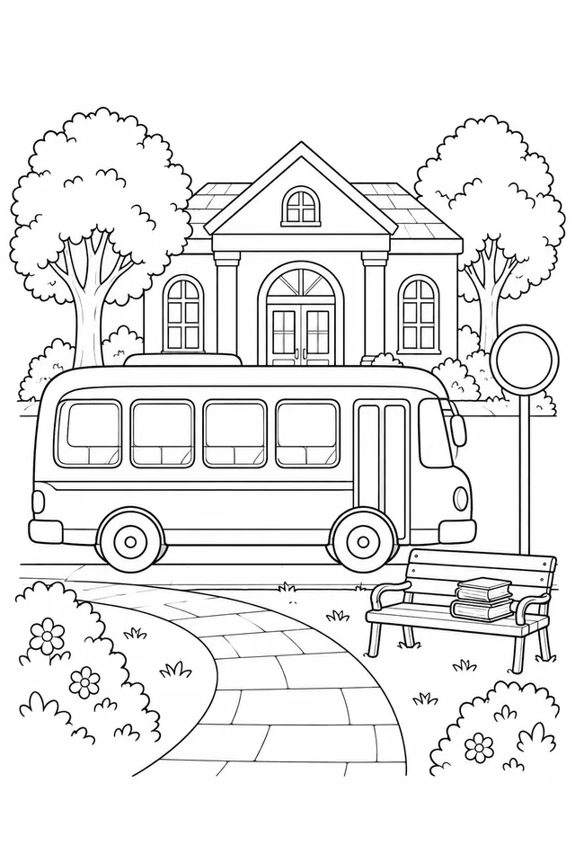 A passenger bus with four large side windows is parked outside a library-like building beside a blank round stop sign and a bench holding three books.