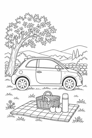 A side-view compact car with two visible wheels beside a stone wall and leafy tree, with a checkered picnic blanket, basket, apples and thermos in front.