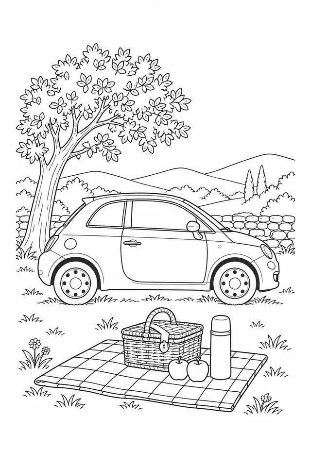 A side-view compact car with two visible wheels beside a stone wall and leafy tree, with a checkered picnic blanket, basket, apples and thermos in front.