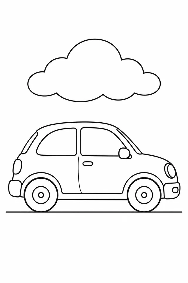 A simple side-view compact car with two visible wheels, large windows and a door sits below a large outlined cloud.