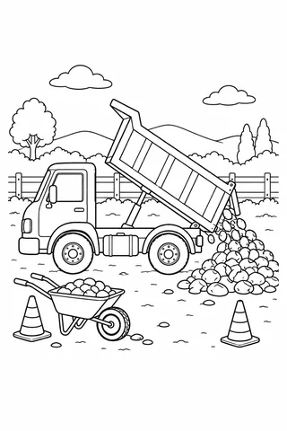 A two-wheel side-view dump truck with its bed tipped up near the cab unloads stones behind it, beside two cones, a wheelbarrow and a low fence.