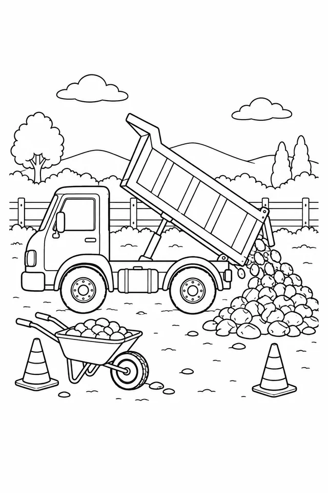 A two-wheel side-view dump truck with its bed tipped up near the cab unloads stones behind it, beside two cones, a wheelbarrow and a low fence.