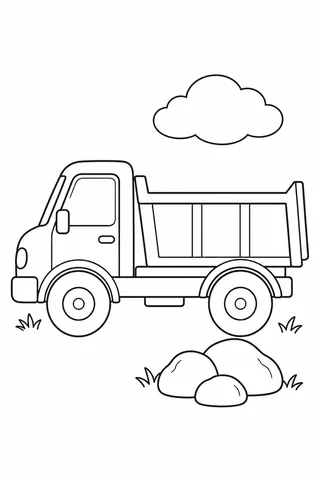 A simple side-view dump truck with a cab, level open-topped bed and two visible wheels stands beside three rounded stones under a cloud.