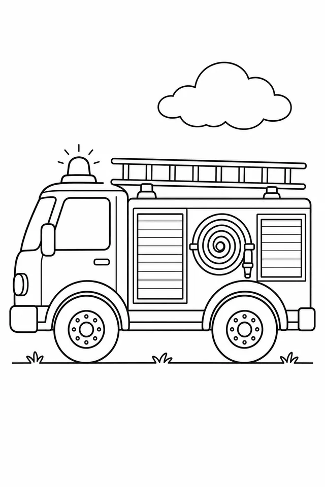 A side-view fire engine with two visible wheels, a roof ladder, beacon, coiled side hose and storage compartments stands beneath one cloud.