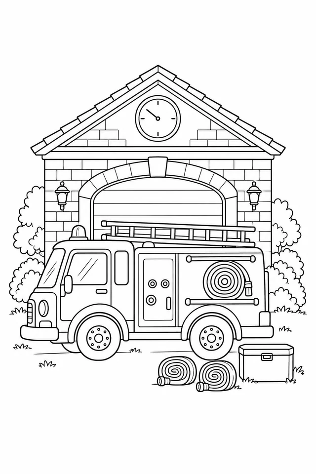 A fire engine with a stowed roof ladder and coiled hose stands outside an arched brick station, with two rolled hoses and an equipment box in front.