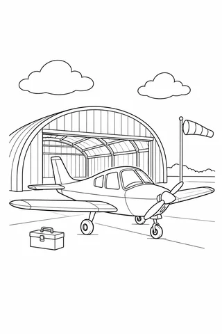 A small propeller plane on three landing wheels outside an open curved-roof hangar, with a windsock, toolbox and two clouds.