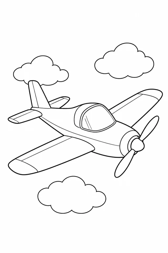 A small single-propeller airplane in three-quarter view flies between three clouds, showing two main wings, a tail fin and horizontal tail surfaces.