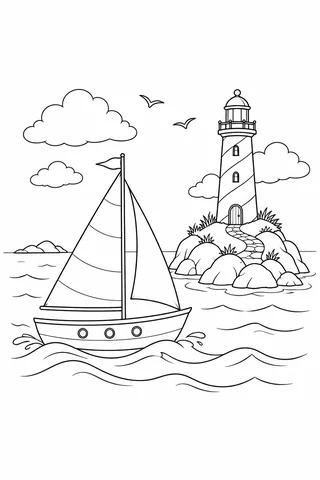 A single-mast sailboat with two sails and three portholes passes a rocky island with a striped lighthouse, curved stone path, clouds and two seabirds.
