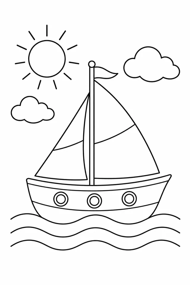 A simple sailboat with two triangular sails, a mast-top pennant and three portholes floats on curved waves below a sun and two clouds.